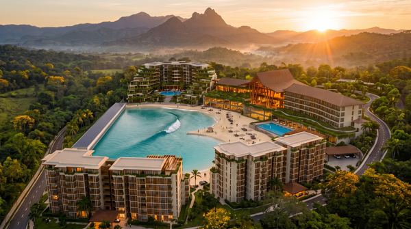 Aerial view of Molaya Bay, the surf lagoon and hotel at sunrise beneath the mountains