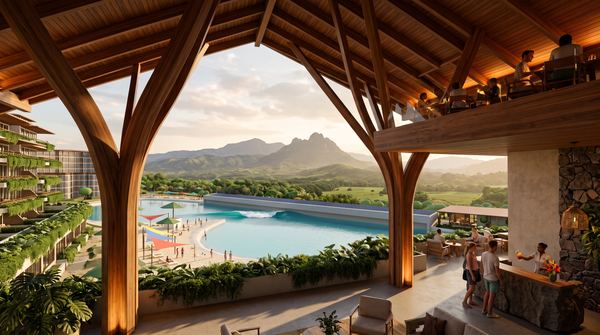 Timber terrace of the surf lodge overlooking the lagoon