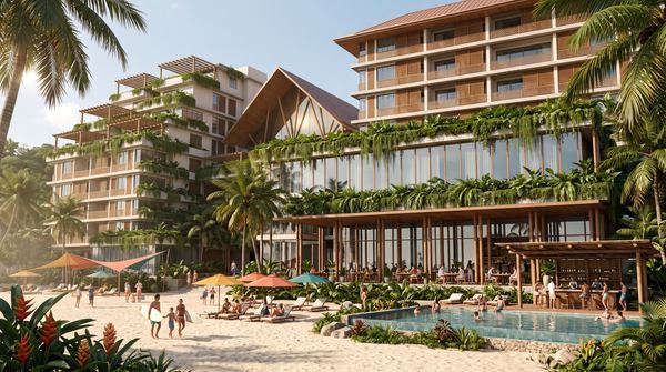 Beach club and pool on the lagoon shore