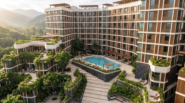 Residence buildings with planted terraces and a courtyard pool