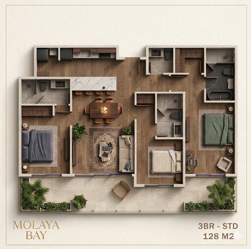 3-bedroom floor plan, 128 m²