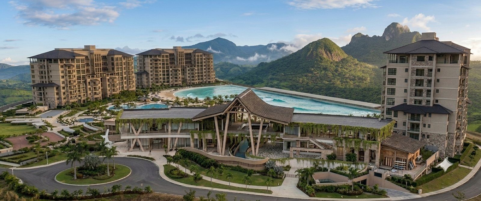 Molaya Bay resort, surf lagoon and hotel beneath Cerro Trinidad