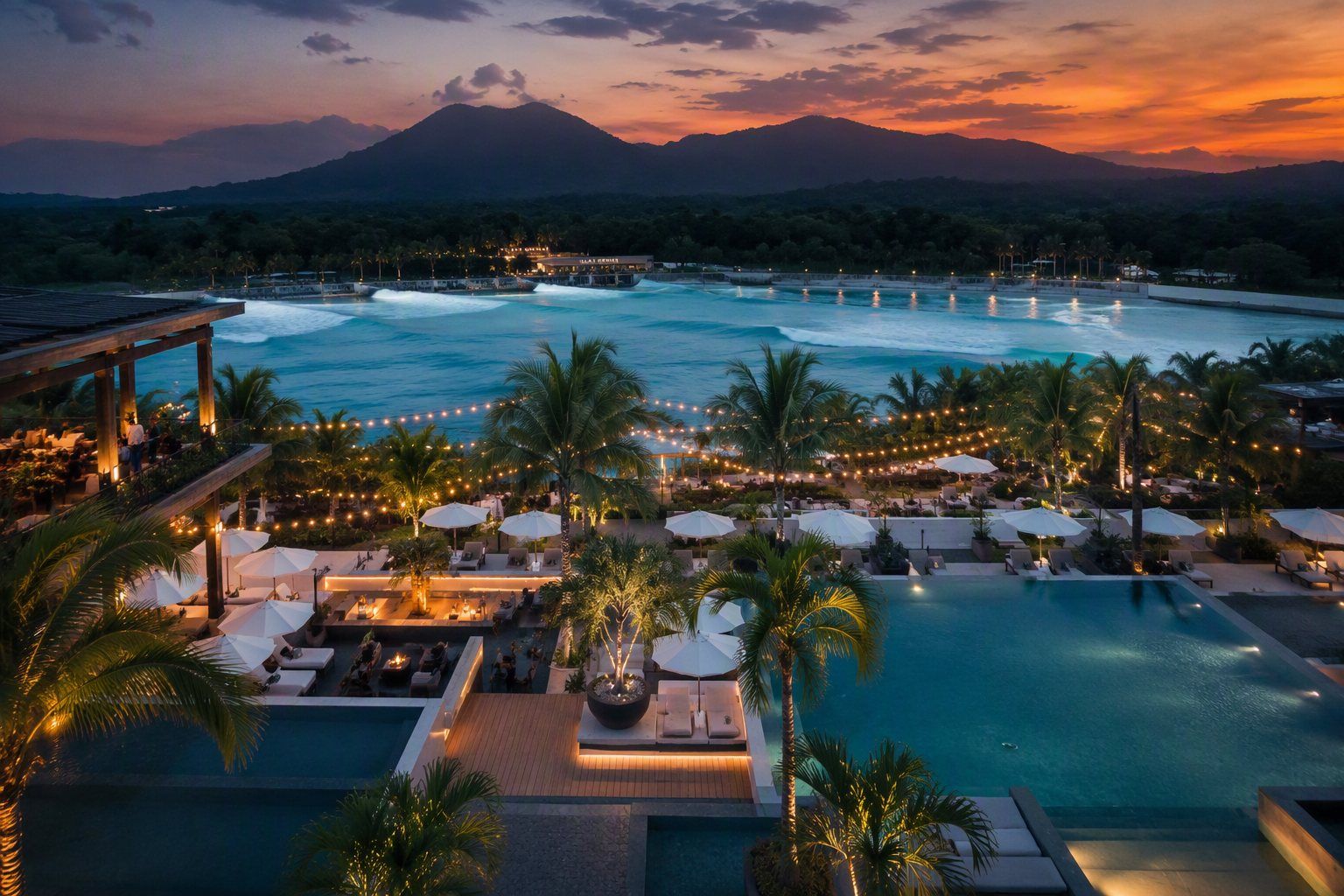 Beach club and pools at dusk